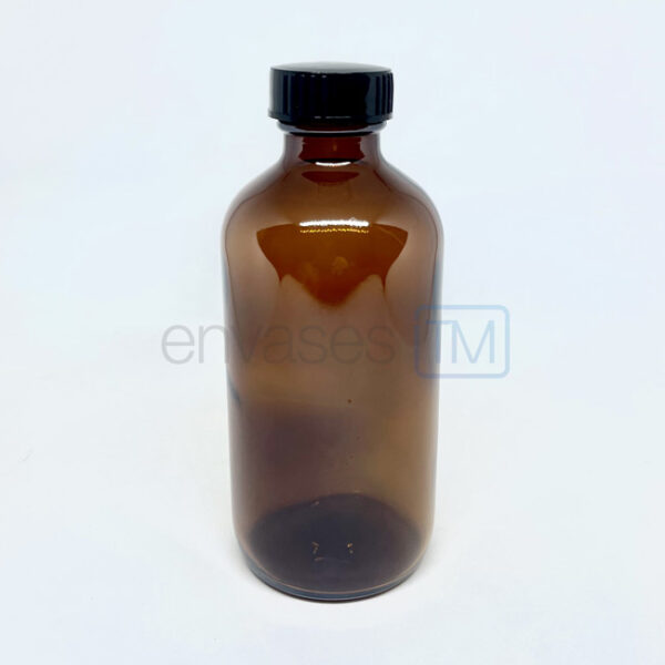 Botella 250 ml. vidrio ámbar con tapa negra cuello 28/400