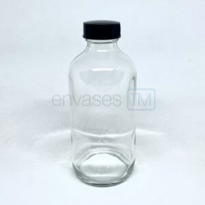 Botella 250 ml. vidrio transparente con tapa negra