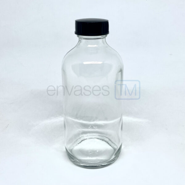 Botella 250 ml. vidrio transparente con tapa negra