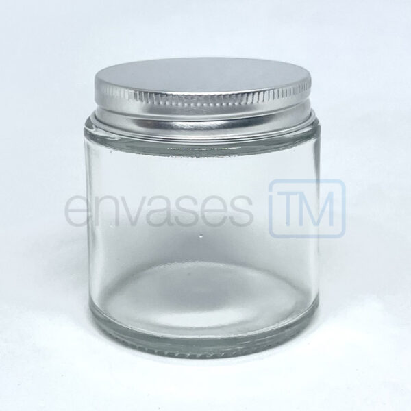 Pote 100 ml. vidrio transparente con tapa plateada